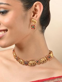 Fida - Golden Elephant Motif Multi-Color Necklace & Earrings Set