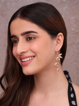 ToniQ - Elegant Gold-Toned Leaf Orange Crystal Accents Dangle Earrings