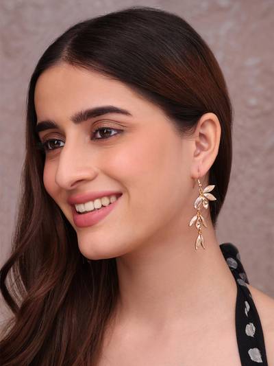 Elegant Gold-Toned Leaf Orange Crystal Accents Dangle Earrings
