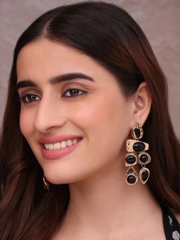 ToniQ - Chunky Golden Geometric Black Cabochons Drop Earrings