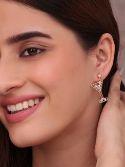 ToniQ - White Whimsical Golden Cocktail Glass Crystal & Pearl Drop Earrings