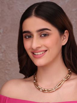 ToniQ - Chunky Dual-Strand Gold Tube Bead Necklace With Pearl Accents