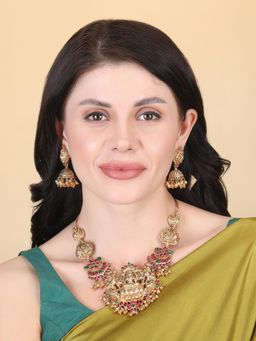 STILEADDA - Multi-Color Gold Plated Lakshmi Pendant Necklace & Earrings Set
