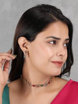 STILEADDA - Mint Multi-Color Kemp Studded Sleek Flower Necklace & Earrings Set