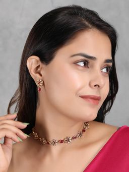 STILEADDA - Red Kemp Studded Sleek Flower Necklace & Earrings Set