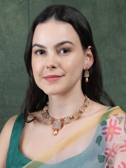 STILEADDA - Pink Designer Gold Plated Ad Stone Necklace & Earrings Set