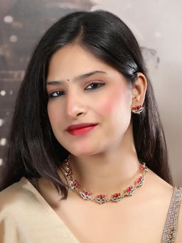 STILEADDA - Multi-Color Ruby Kemp Stones Studded Lotus Necklace & Earrings Set