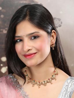 STILEADDA - Gold Finish Multi-Color Half Moon Shape Necklace & Earrings Set