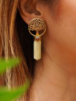 SOUL WORKS - Off White Tree Of Life Crystal Drop Brass Earrings