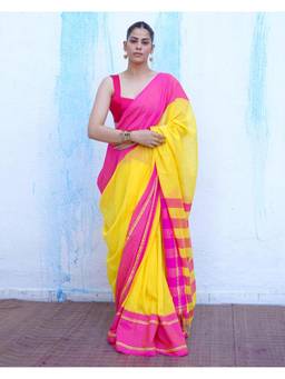 Chidiyaa - Ntc Athena Yellow with Pink Handwoven Cotton Saree