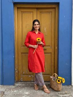 Gharana India - Aira Cherry Red Cotton Poplin Kurta with Pant