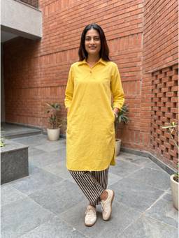 Gharana India - Aira Sunshine Yellow Cotton Poplin Kurta Set with Striped Pants