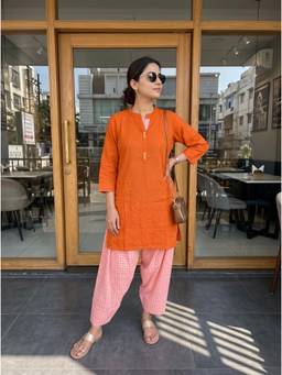 Gharana India - Aira Sunset Orange Cotton Slub Kurta with Playful Checked Pant