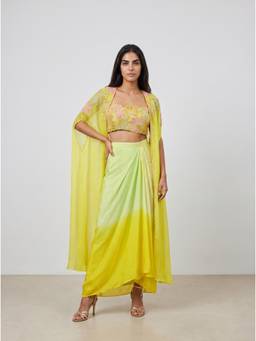 NIYARA INDIA - Naira Cascade Yellow and Green Ombre Cape Set with Floral Bustier
