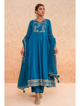 Tara-C-Tara - Blue Sequin Zari Anarkali Kurta with Pant and Dupatta