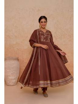Tara-C-Tara - Brown Sequin Zari Anarkali Kurta with Pant and Dupatta