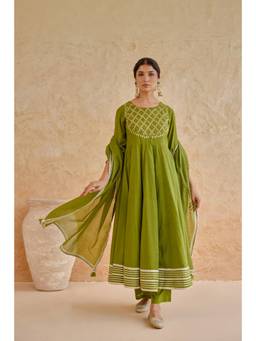 Tara-C-Tara - Hand Work Gota Patti Olive Green Anarkali Kurta with Pant and Dupatta