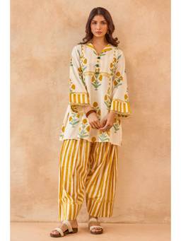 Tara-C-Tara - Yellow Floral Print Cotton Kurta with Farsi Salwar
