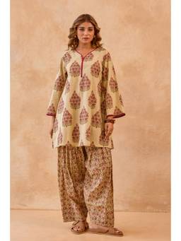 Tara-C-Tara - Beige Floral Print Cotton Kurta with Farsi Salwar