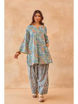 Tara-C-Tara - Blue Floral Print Cotton Kurta with Farsi Salwar