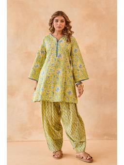Tara-C-Tara - Yellow Floral Print Cotton Kurta with Farsi Salwar