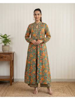 Shri Sanyogini - Green Hand Block Printed Long Jacket Set