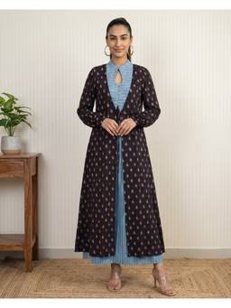 Shri Sanyogini - Green Hand Block Printed Long Jacket Co-Ord Set