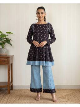 Shri Sanyogini - Blue Floral Block Printed Cotton Kurta and Straight Pants