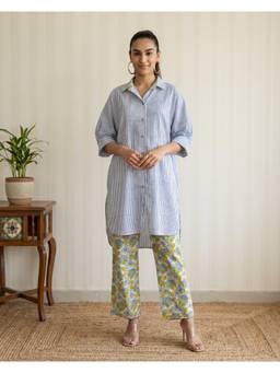 Shri Sanyogini - Blue and White Striped Cotton Shirt Kurta with Pant