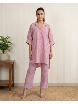 Shri Sanyogini - Pink Striped Cotton Shirt Kurta with Pants Co-Ord Set