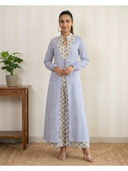 Shri Sanyogini - Green and Blue Printed Long Jacket Co-Ord Set