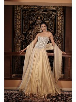 Vana Ethnics - Champagne Gold Tissue Mirror Embellished Corset with Lehenga & Dupatta