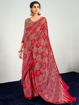 Akhilam - Womens Georgette Pink Printed Designer Saree with Unstitched Blouse