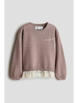 H&M - Girls Beige Broderie Anglaise-Trim Jumper