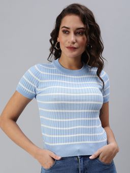 SHOWOFF - Women's Horizontal Stripes Fitted Blue Round Neck Top