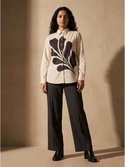 ZNKL - Over-Sized Cotton Blend Leaf Digital Print Collared Cream Shirt