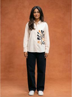 ZNKL - Leisure-Fit Cotton Blend Flower Digital Print Cream Shirt