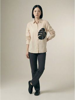 ZNKL - Cotton Blend Loose-Fit Leaf Pattern Digital Print Collared Beige Shirt