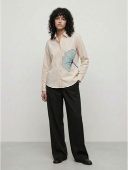 ZNKL - Comfy-Fit Botanical Digital Print Cotton Blend Full Sleeve Cream Shirt