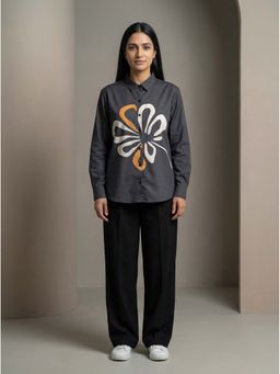 ZNKL - Oversize Cotton Blend Flower Digital Print Charcoal Grey Shirt