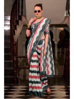 Mysilklove - Ice White and Grey Woven Saree with Unstitched Blouse