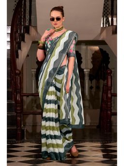 Mysilklove - Limed Spruce Grey and White Woven Saree with Unstitched Blouse