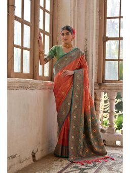Mysilklove - Tangerine Orange Handloom Banarasi Saree with Unstitched Blouse