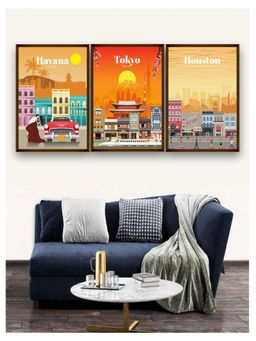 The Art House - Orange Yellow Abstract Framed Wall Painting Set of 3