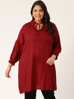 theRebelinme - Women's Maroon Solid Color Notch Neck Tunic