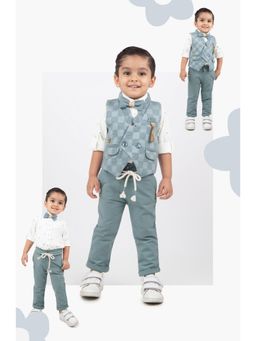 Little Collars - Adorable Jacquard Waistcoat Shirt Pants Bow for Boys - Blue (Set of 4)