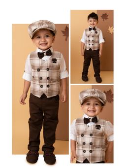 Little Collars - Solid Shirt Pant with Waistcoat Cap & Bow-Coffee (Set of 5)