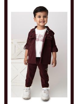 Little Collars - Super Smart Striped Hoodie Shacket Pant with T-shirt-Maroon (Set of 3)