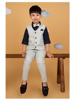 Little Collars - Cotton Formal Waistcoat Shirt & Trouser with Bow- Blue (Set of 4)