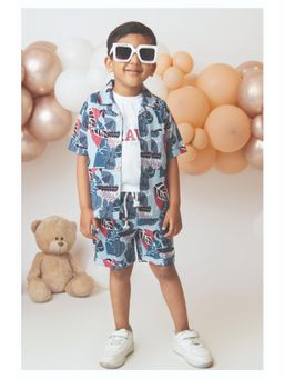 Little Collars - Self Weave Abstract Shirt Shorts with T-shirt & Belt- Grey (Set of 4)